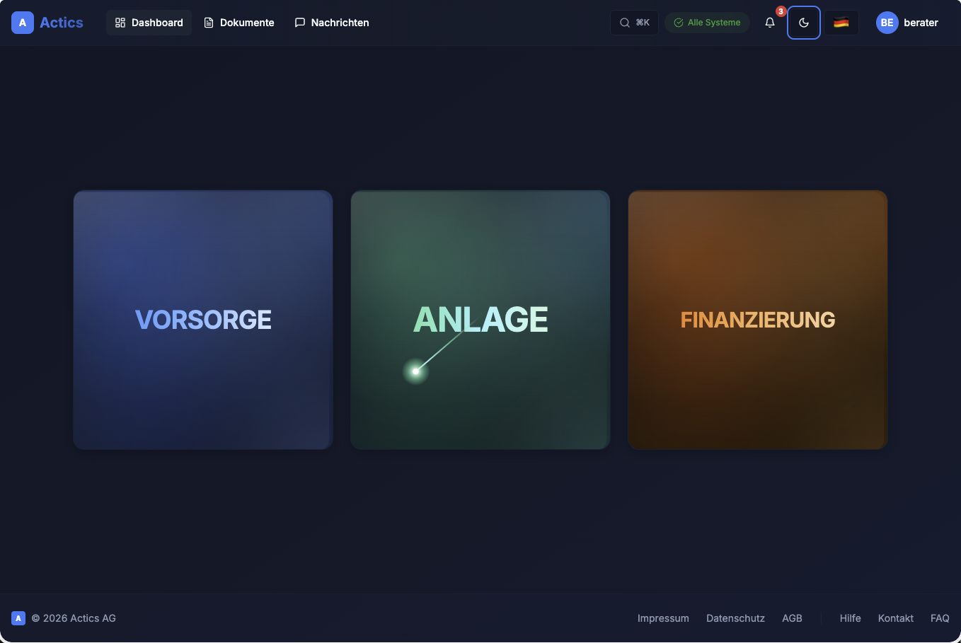 Actics Front-Office-Plattform mit den Modulen Vorsorge, Anlage und Finanzierung